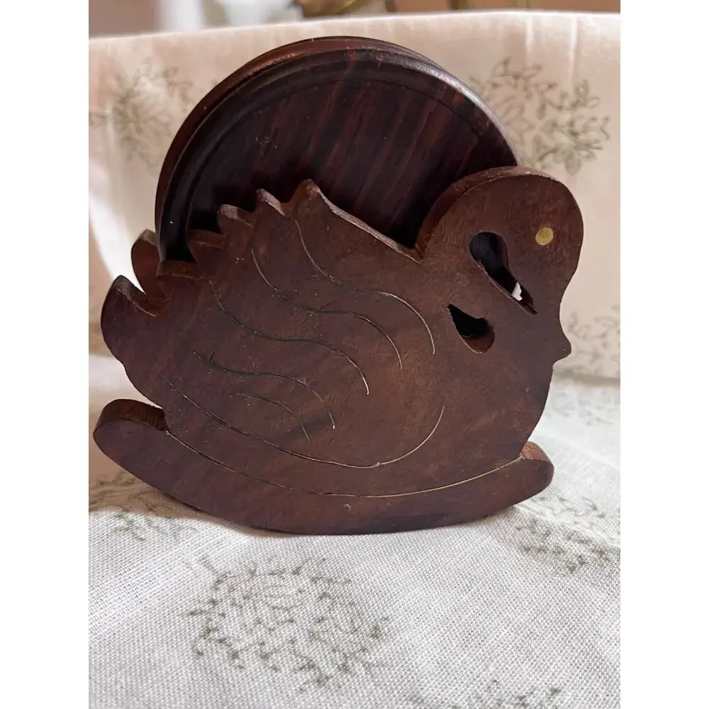 Vintage Wood Coaster set with Hand Crafted Rocking Swan Caddy in Good Condition